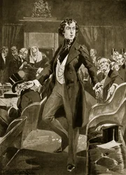 Disraeliho první projev v Dolní sněmovně, ilustrace z „Hutchinsonova příběhu britského národa“, kolem roku 1923 (litho)