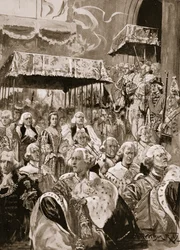 Průvod z Westminster Hall při korunovaci Jiřího III. a královny Charlotty, September 22nd, 1761, z „The Illustrated London News“, 1902