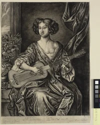 Dáma hrající na kytaru, "Madame Davis"; podle malovaného portrétu sira Petera Lelyho, c. 1674 Mary Davies ve sbírce hraběte z Bradfordu