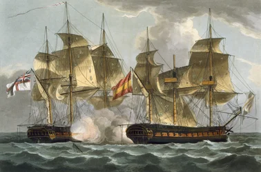 Zajetí Mahonesy, 13. října 1796, rytina Thomase Sutherlanda pro „Naval Achievements“ J. Jenkinse, 1816