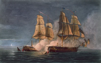 Zachycení Thetis HMS Amethyst, 10. listopadu, 1808, vyryto T. Sutherlandem pro „Námořní chronologii Velké Británie“ od J. Ralfe, vydáno 1820