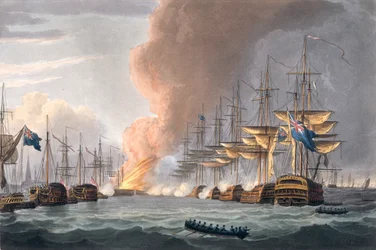 Zničení dánské flotily před Kodaní, 2. dubna 1801, vyryto Thomasem Sutherlandem pro „Naval Achievements“ J. Jenkinse, 1816