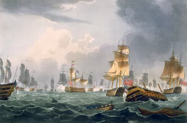 Vítězství lorda Howea, 1. června 1794, rytina Thomase Sutherlanda pro dílo „Naval Achievements“ J. Jenkinse, 1816