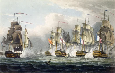 Situace HMS Bellerophon po smrti jejího velitele kapitána Cookea v bitvě u Trafalgaru, 21. října 1805, rytina T. Sutherlanda pro „The Naval Chronology of Great Britain“