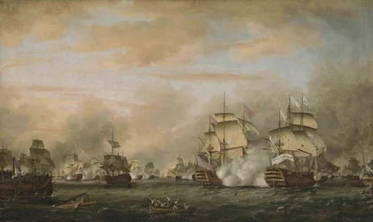 Bitva u Saintes, 12. dubna 1782. HMS Barfleur útočí na francouzskou vlajkovou loď Ville de Paris