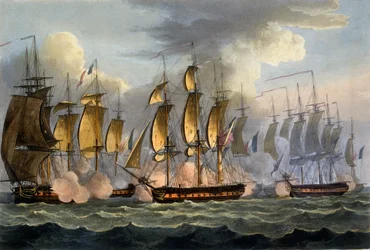 Zajetí lodí La Prévoyante a La Raison, 17. května 1795, z díla „Námořní úspěchy Velké Británie“ od Jamese Jenkinse, rytina Thomase Sutherlanda, vydáno 1817