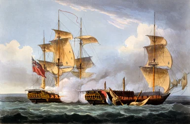 Zajetí La Vestale, 20. srpna 1799, z díla „Námořní úspěchy Velké Británie“ od Jamese Jenkinse, rytina Thomase Sutherlanda, vydáno 1817