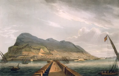 Pohled na Gibraltar, rytý Thomasem Sutherlandem pro Naval Achievements J. Jenkinse, 1816