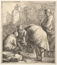 Muž si upravuje obuv, vlevo tři muži hrající karty, 1630-77.