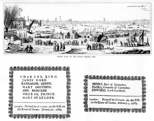 Frost Fair na řece Temži a ukázky tisku, únor 1684, 1840