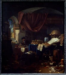 Pohled do laboratoře alchymisty Obraz Thomase Wycka (1616-1677) Caen 17. století, Muzeum výtvarných umění.