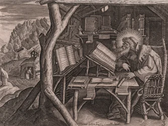 Svatý Evagrius Ponticus ponořený do svých studií, leptů a vypalování od Thomase de Lieu (1560-1612)