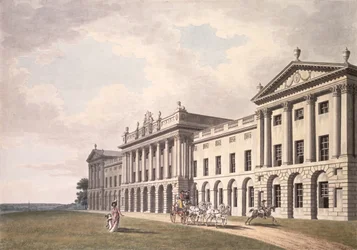 Pohled na Heveningham Hall v Suffolku, sídlo sira Gerrarda Vannecka, 18. století (pero a inkoust a wc na papíře)