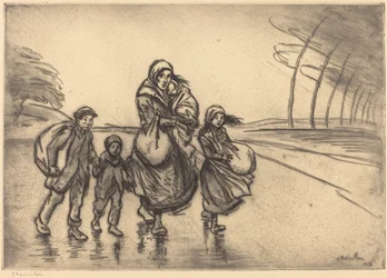 V dešti: Matka a děti, 1915.
