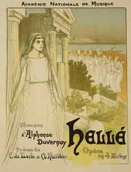 Reprodukce plakátu propagujícího operu "Helle", kterou uvedla Národní hudební akademie, 1896.
