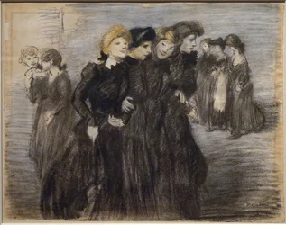 Výstup z midinet (před rokem 1907). Theophile Alexandre Steinlen (1859-1923). Uhl a pastel na papíře. Musee des Beaux-Arts de la Ville de Paris, PeuPalais.