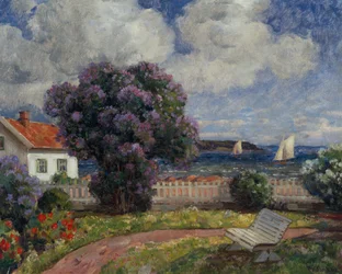 Coastal Landscape with Blooming Lilac Bush (oil on canvas)   1317870   cs       czech Successfully Translated  Original: Interieur met gezin en officier de billyke en gevoelige Regter. (title on object) Translat: Interieur met gezin en officier de billyke 