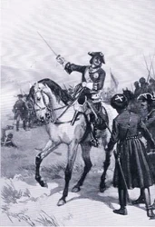 Petr Veliký v bitvě u Pultowy, ilustrace z Landmarks in European History vydané nakladatelstvím Gresham Publishing Co, kolem roku 1920 (litho)