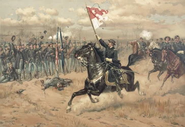 Sheridanova slavná jízda v bitvě u Cedar Creek Virginia v roce 1864 (barva litho)