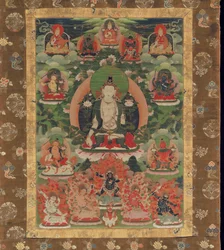 Manjushri, Boddhisattva of Wisdom (mletý minerální pigment na bavlně)