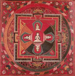 Thangka z Vadžrasattvy Mandala (kvaš na textilu)