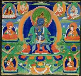 Thangka obraz zobrazující Adibuddha Vajradhara (Do rje chang), tibetština, 19. století (psinka na kaliku)