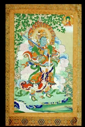 Obraz Thangka zobrazující Virudhaka (Pag che po) Strážce jihu, tibetština, 19. století (papír připevněný na hedvábí pomocí válečků)