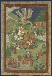 Thangka se scénami ze života Buddhy, druhá polovina 19.