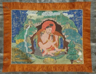 Mahasiddha Luipa, z částečné sady thangky, začátek 19. století (minerální pigmenty na klížené bavlně; originální brokátová montáž)