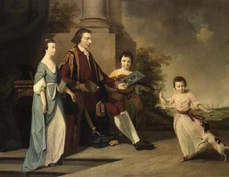 Thomas Noel, druhý vikomt Wentworth, sedí se svými třemi sestrami, Judith, Elizabeth a Sophií, na terase s Oxfordem vzadu (olej na plátně)