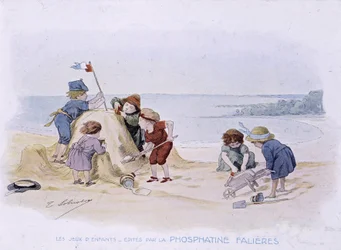 Dětské hry: děti staví hrad z písku - dess. de Lobrichon, ed. od Phosphatine Falières, v.1920