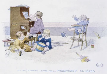 Dětské hry: děti hrají na různé hudební nástroje - dess. de Lobrichon, ed. od Phosphatine Falières, v.1920