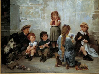 Napínavá pasáž: děti poslouchající knihu. Obraz Timoléona Lobrichona (1831-1914), 19. století. Soukromá sbírka