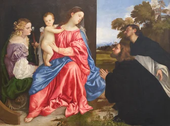 Posvátný rozhovor se svatými Kateřinou a Dominikem a dárcem, kolem roku 1533 (olej na plátně)