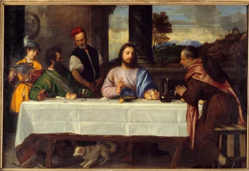 Večeře v Emauzích Seznamte se s Ježíšem s peleriny. Obraz od Tiziana Vecellio dit le Titian (1485-1576) 16. století Sun. 1,69x2,44m