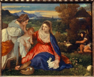 Panna Maria s dítětem a svatou Kateřinou neboli Panna Maria s králíkem. Obraz Tiziana Vecellia, zvaného Tizian (1485-1576), 16. století. V. 0,71 x 0,87 m, Paříž