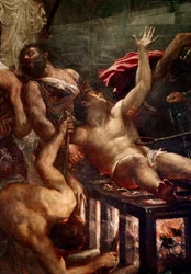 Mučednictví svatého Vavřince - Umučení svatého Vavřince na roštu roku 258 v Římě. Detail. Obraz Tiziana Vecellia, zvaného Tizian (asi 1490-1576), 1548-1559. 500x280 cm. Benátky, kostel jezuitů