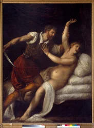 Znásilnění Lucrece (? - av. 509) nebo Tarquin a Lucrece. Obraz Tiziana Vecellia známý jako Le Titian (1485-1576)