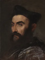 Portrét duchovního, poprsí, v modrém kabátě a černém klobouku - fragment