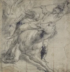 pád koně a jezdce, c. 1537 (černá křída na šedém papíře)