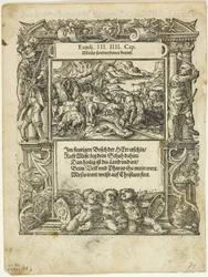 Mojžíš a hořící keř (recto) a Nemluvně Mojžíš vložený do řeky (verso) z Neue künstliche Figuren biblischer Historien, deska 55 z Dřevoryty z knih XVI. století