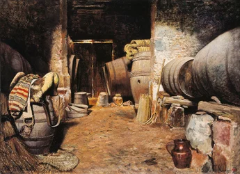 Vnitřek buňky. Stodola se sudy v seně a koňském sedle. Obraz Tomas Moragas Y Torras (1837-1906), konec 19. století. Olej na plátně. Barcelona, Národní muzeum umění Katalánska.
