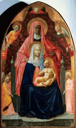Madonna má dítě se svatou Annou a pěti anděly Detrempe na dřevě Masaccio (Tommaso di ser Giovanni di Mone Cassai) (1401-1428) 1424-1425 Rozměr 175x103 cm Florencie, Galleria degli Uffizi (kanceláře)