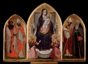 Triptych ze San Giovenale: Panna Marie s dítětem, levý panel se svatým Bartolomějem a svatým Blažejem a pravý panel zobrazující svatého Juvenála (Giovenale) - oltářní obraz