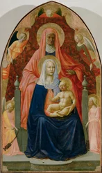 a Masolino: Anny, Panny Marie a Ježíška, pět andělů (tempera na dřevě).