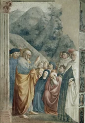 Predikace sv. Petra - Freska od Tommasa di Cristoforo Fini dit Masolino da Panicale (1383-kolem 1440), 255x162 cm, kolem 1425. Florencie, kostel Santa Maria del Carmine, kaple Brancacci