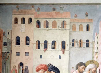 Svatý Petr Uzdravení mrzáka a vzkříšení Tabithy Detail architektury pozadí, freska kolem roku 1427 viz také 57195