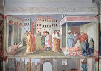Svatý Petr uzdravuje mrzáka a vzkříšení Tabithy, freska kolem roku 1427 viz 60508 pro detail druhé jmenované