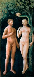 Pokušení Adama a Evy. Freska Tommasa di Cristofano Finiho, zvaného Masolino da Panicale (1383-1440), 1424-1425. V. 208 x 88 cm. Florencie, Chiesa di Santa Maria del Carmine, Cappella Brancacci
