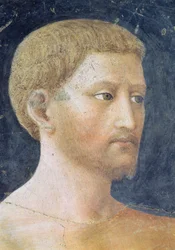 Pokušení Adama a Evy detail hlavy Adama, freska c.1427
